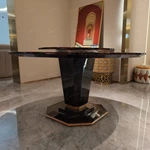 Round Dining Table with High-Gloss Geometric Wood Veneer and Integrated Rotating Tray